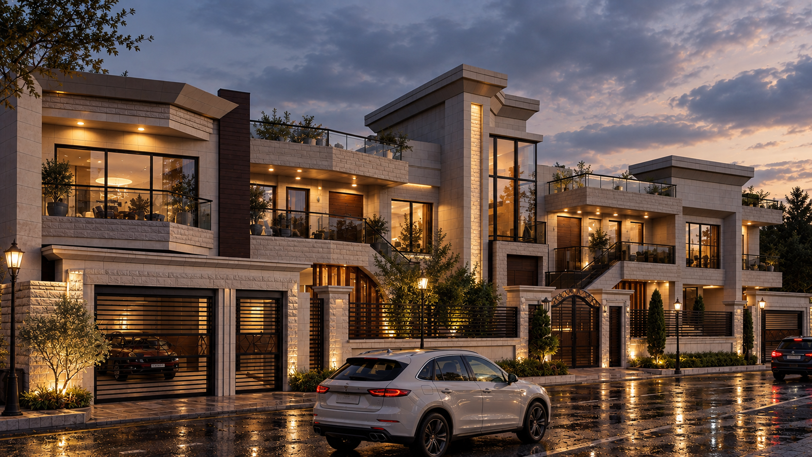 تصوّر معماري لمجمع سكني عند الغروب